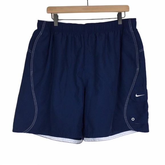 NIKE Swim Trunks Shorts Men Navy Blue White Spellout Classic Beach Pool Size XXL - Picture 1 of 12